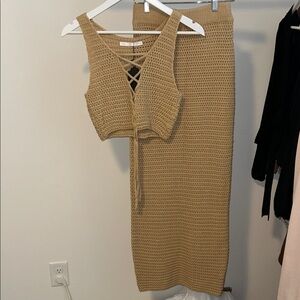 Tan Crochet Knit Skirt Set